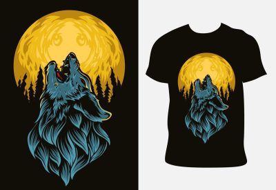 illustration-wolf-roaring-on-the-moon-with-t-shirt-design-free-vector